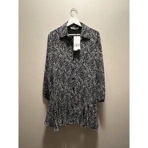 Zara Dress Black White Polka Dot Chiffon Long Sleeve Mini Button Up Size S New